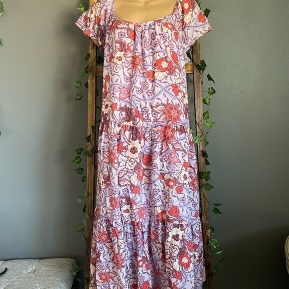 Knox Rose Tiered Scoop Neck Puff Sleeve Midi Dress M Prairie Cottage Core NWT - Picture 2 of 7